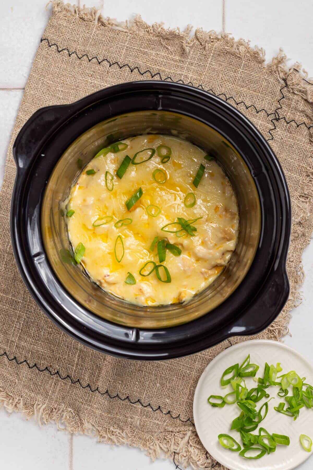 Melted shredded cheese and sliced green onions over dip in crock pot.