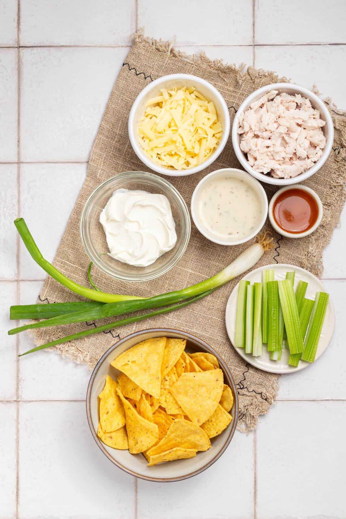 Ingredients for slow cooker buffalo chicken dip.