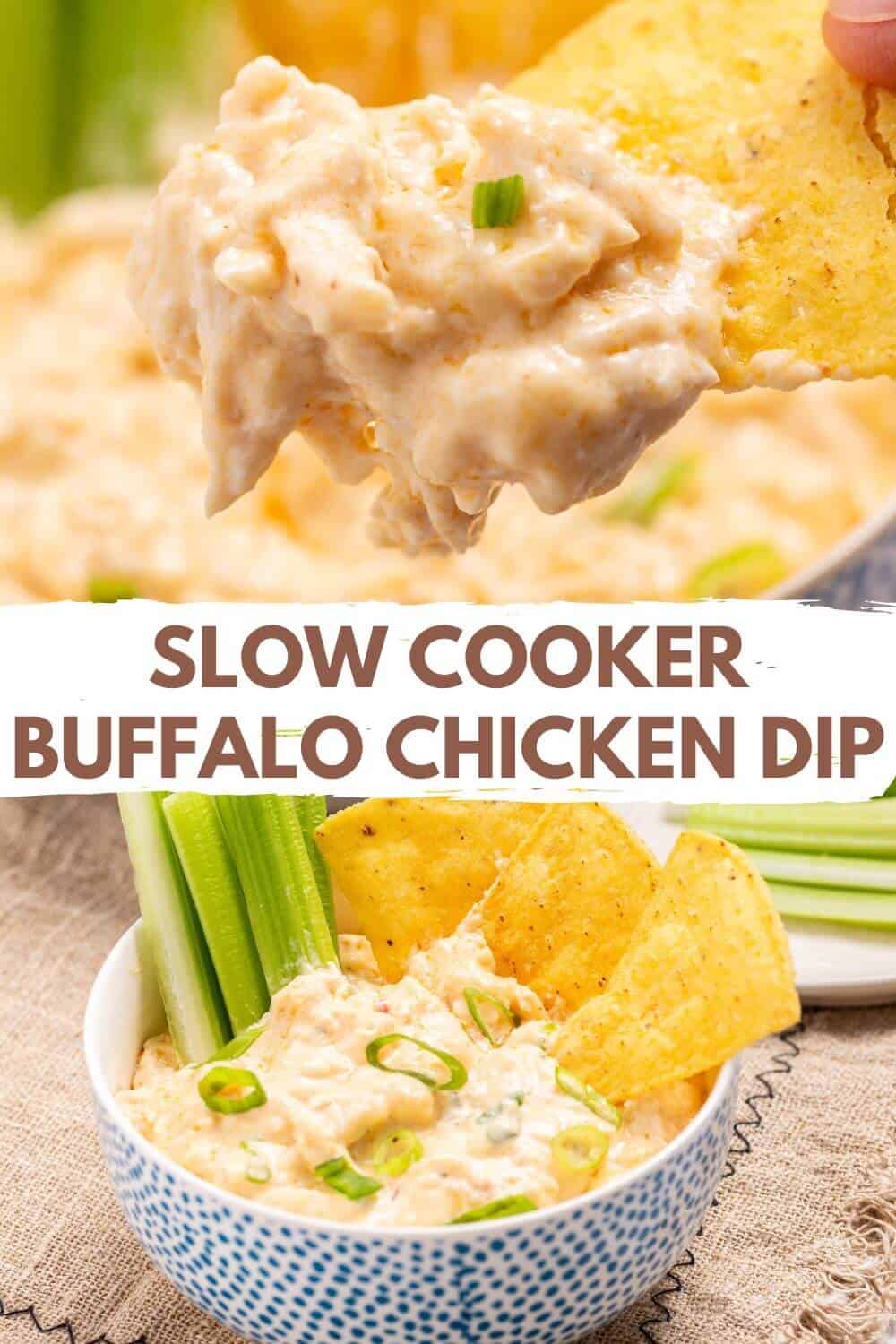 Slow cooker buffalo chicken dip with recipe title text.
