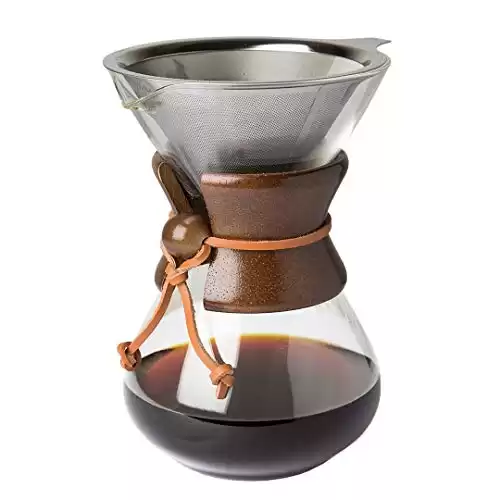 Comfify Pour Over Coffee Maker with Borosilicate Glass Carafe and Reusable Stainless Steel Permanent Filter Manual Coffee Dripper Brewer with Real Dark Brown Wood Sleeve - 30 oz. - Free Ebook