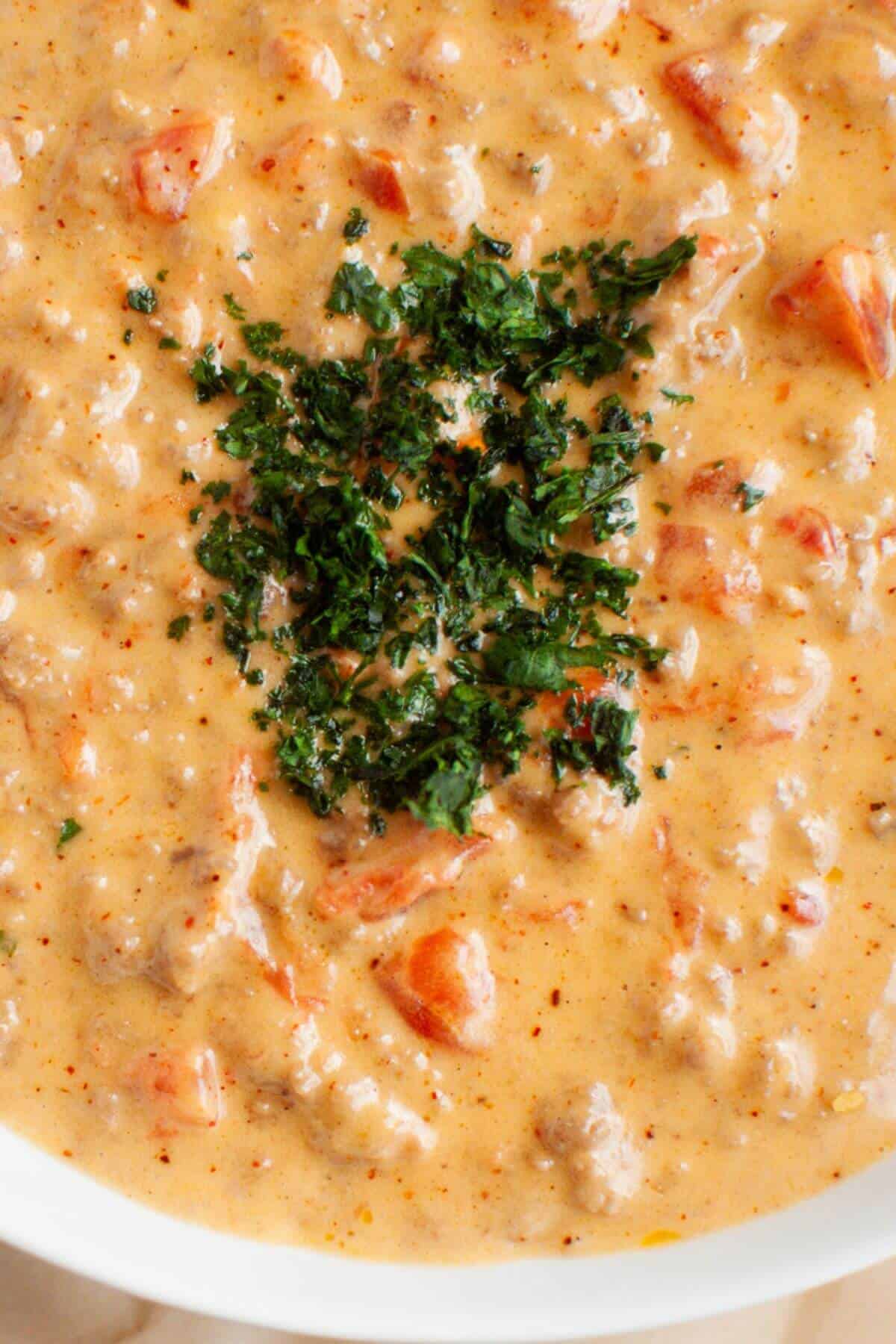 Close-up of a creamy soup with visible chunks of tomato, reminiscent of a hearty beef queso dip, and a sprinkle of chopped herbs on top.