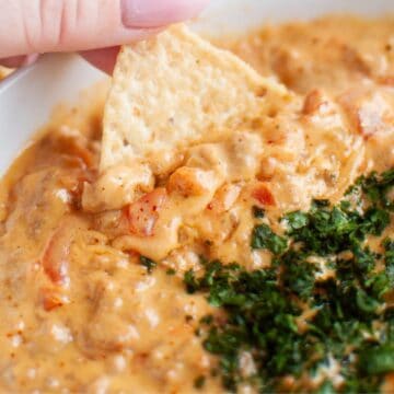 A hand dips a tortilla chip into a creamy, cheesy beef queso dip with pieces of tomato and a garnish of chopped herbs.