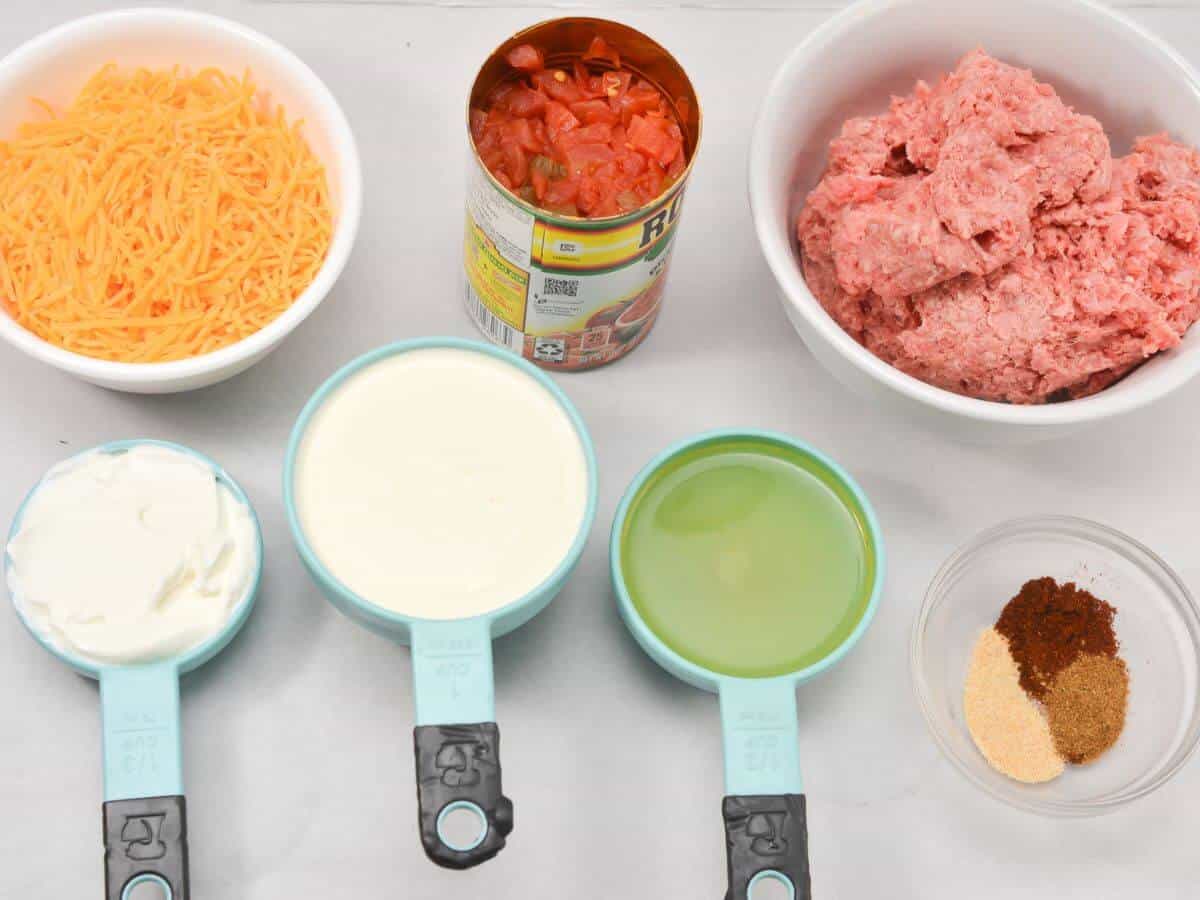 The ingredients for the beef queso spider web taco dip are shown on a table.