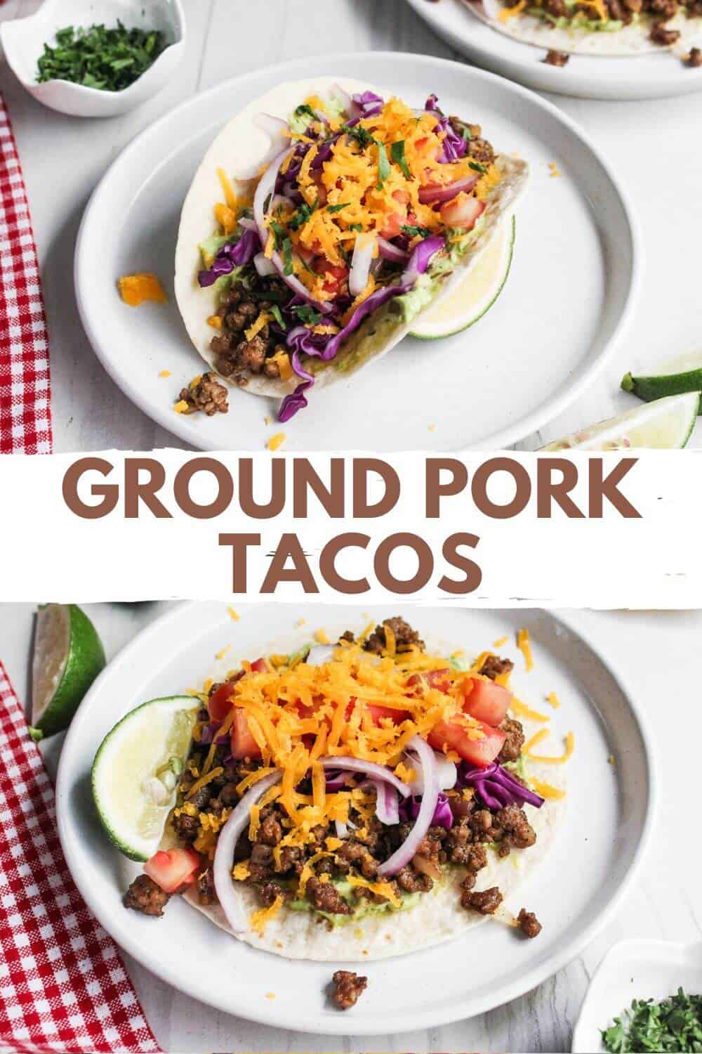 Delicious ground pork tacos on white plates.
