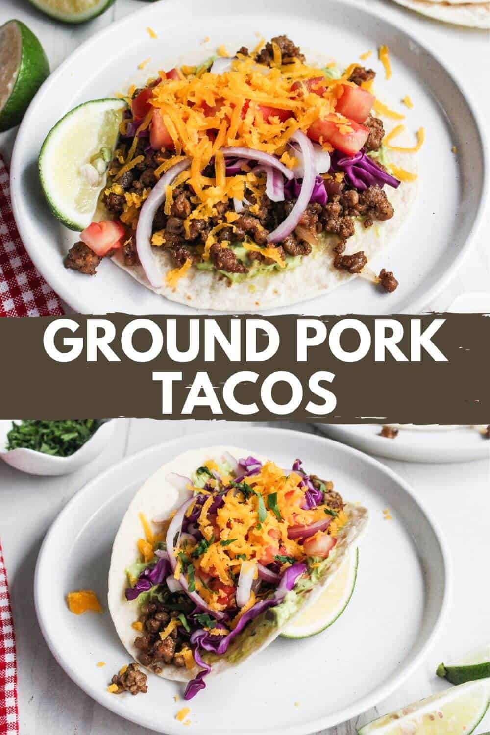 Ground pork tacos served on white plates.
