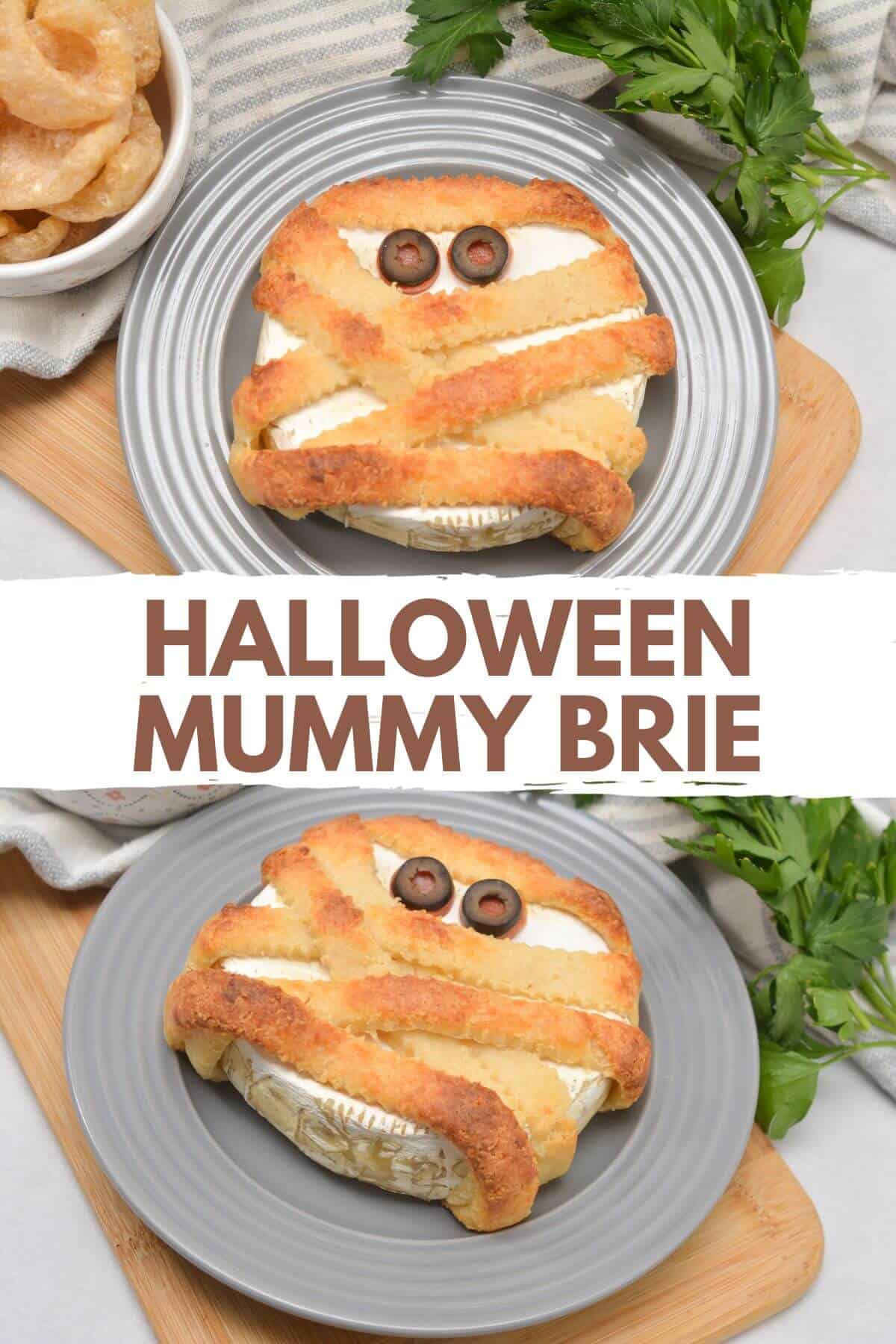 Halloween mummy brie cheese on a plate.