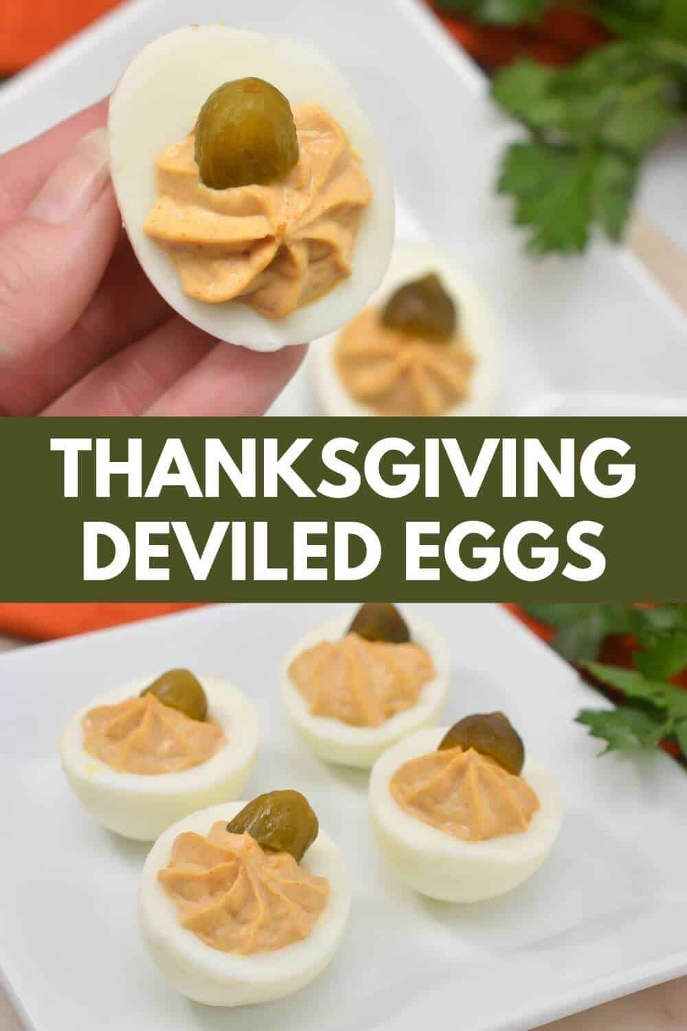 Thanksgiving pumpkin deviled eggs on a white plate.