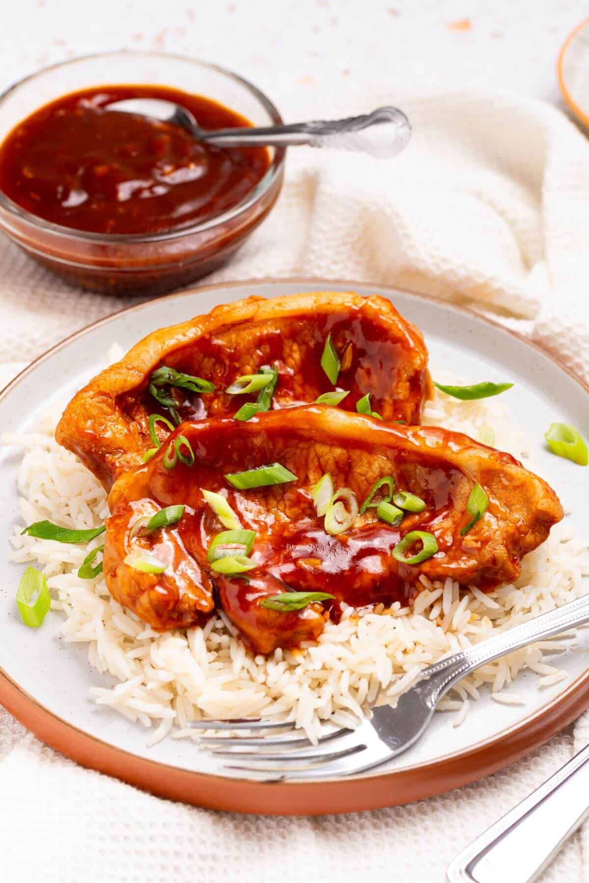 Slow cooker pork chops with rice and bbq sauce on a plate.