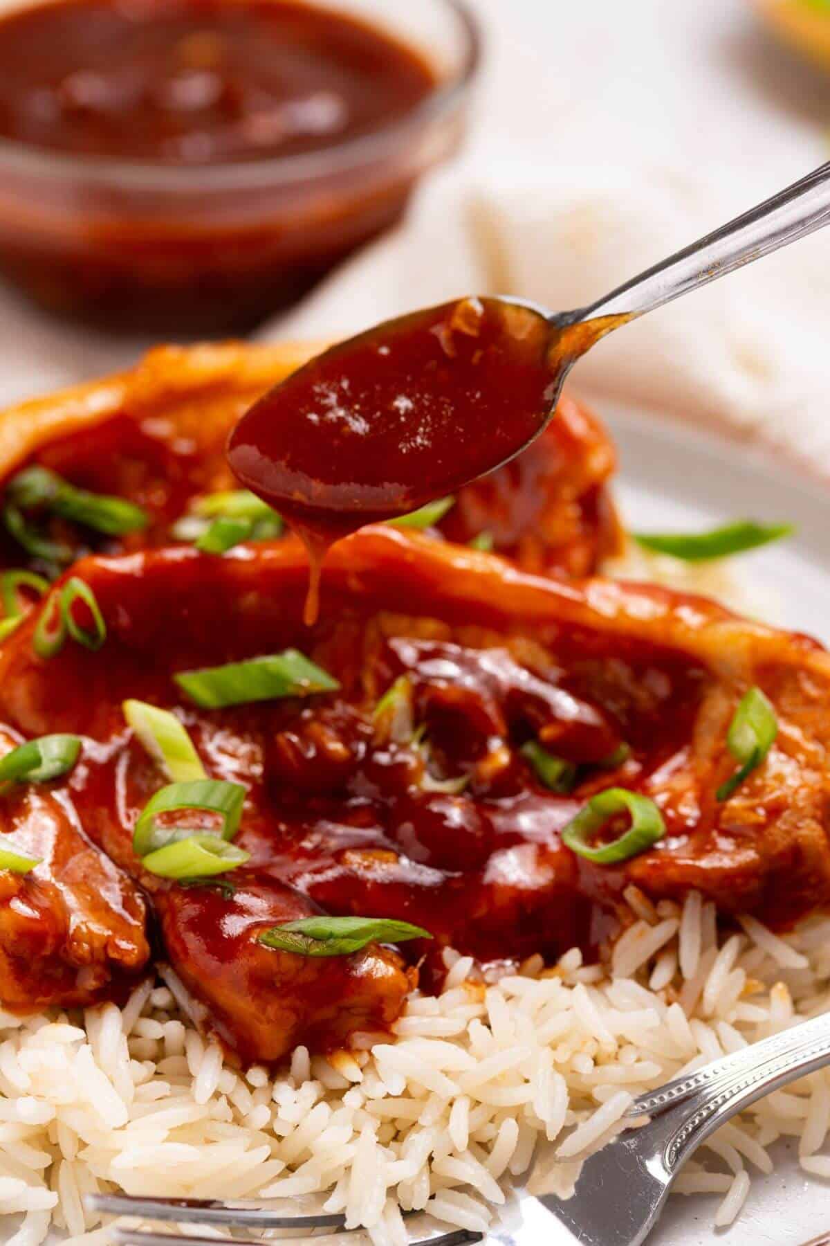 Slow cooker pork chops with rice and sauce on a white plate.