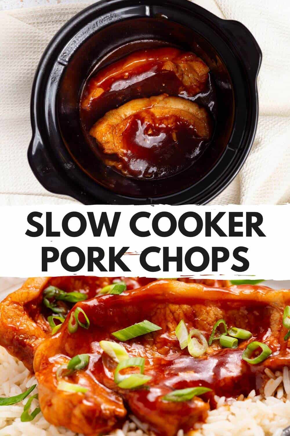 Slow cooker pork chops with rice on top.
