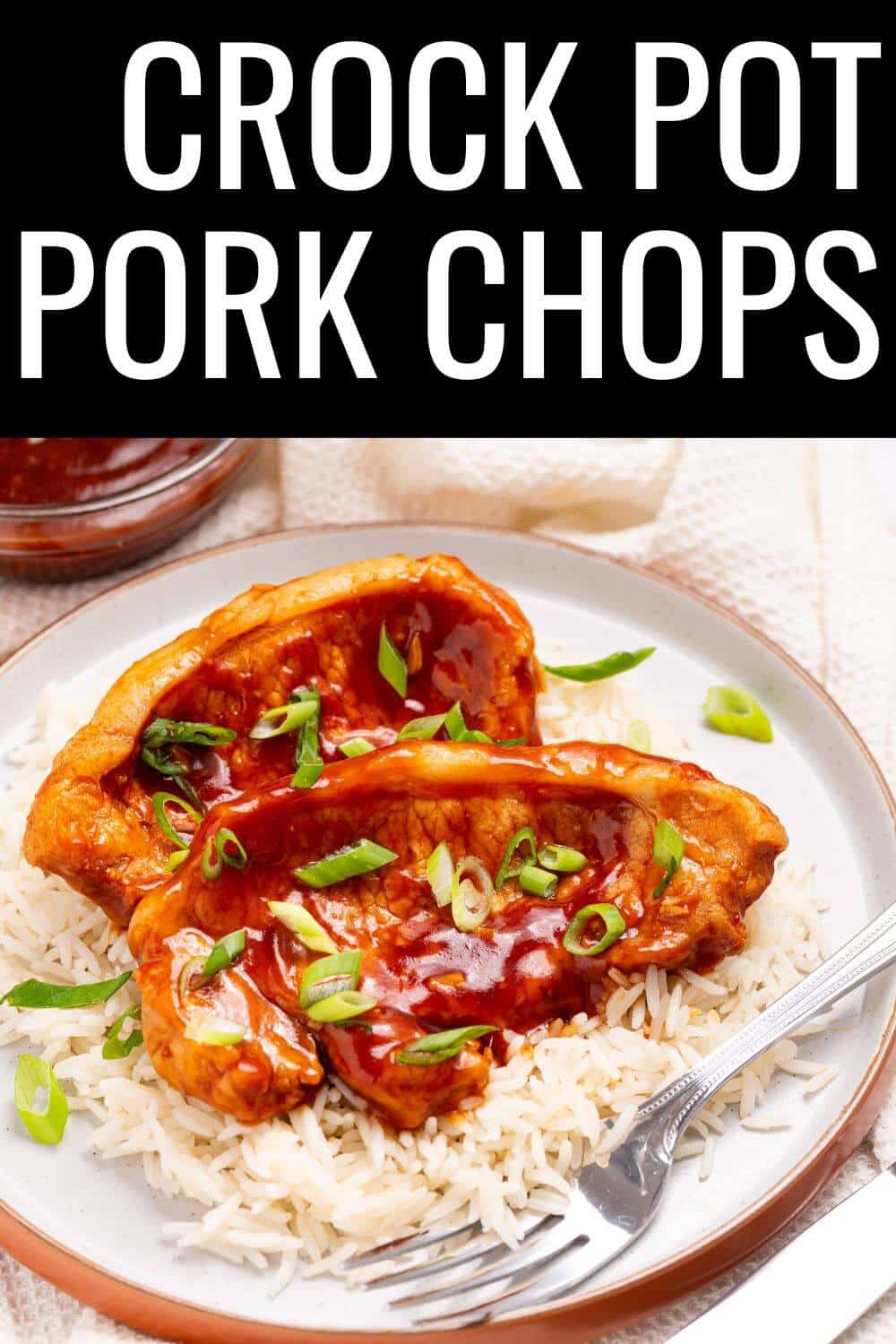 Crock pot pork chops on a plate with rice.