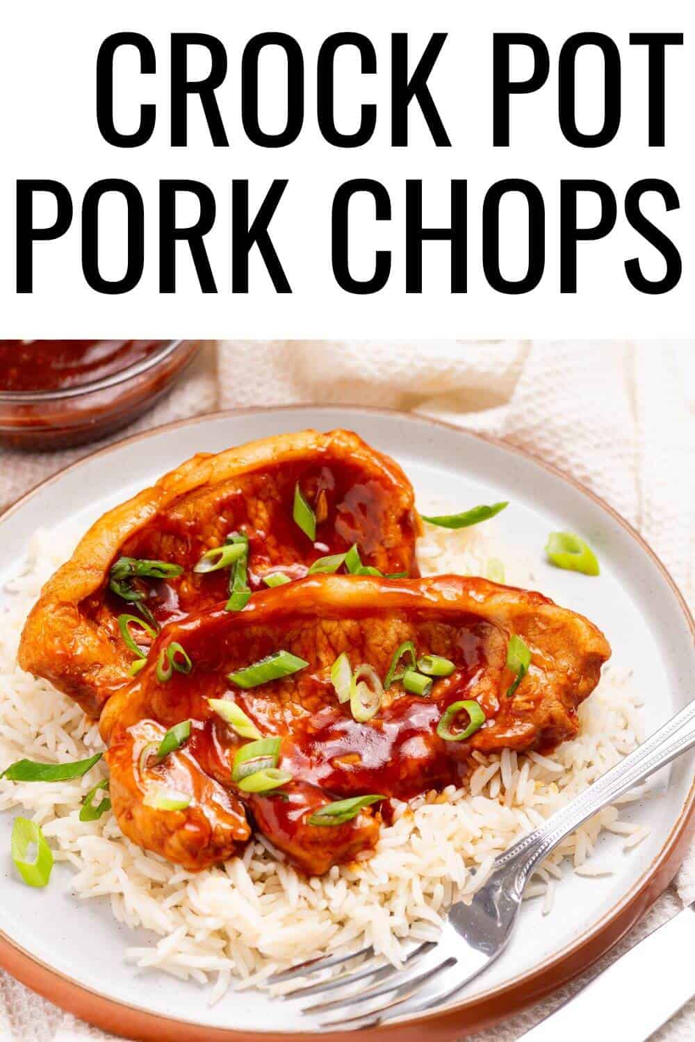 Crock pot pork chops on a plate with rice.