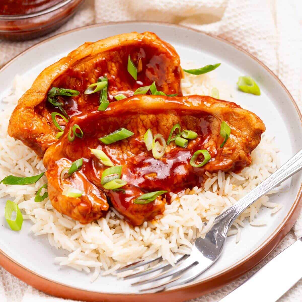 Slow cooker pork chops on a plate with rice and sauce.