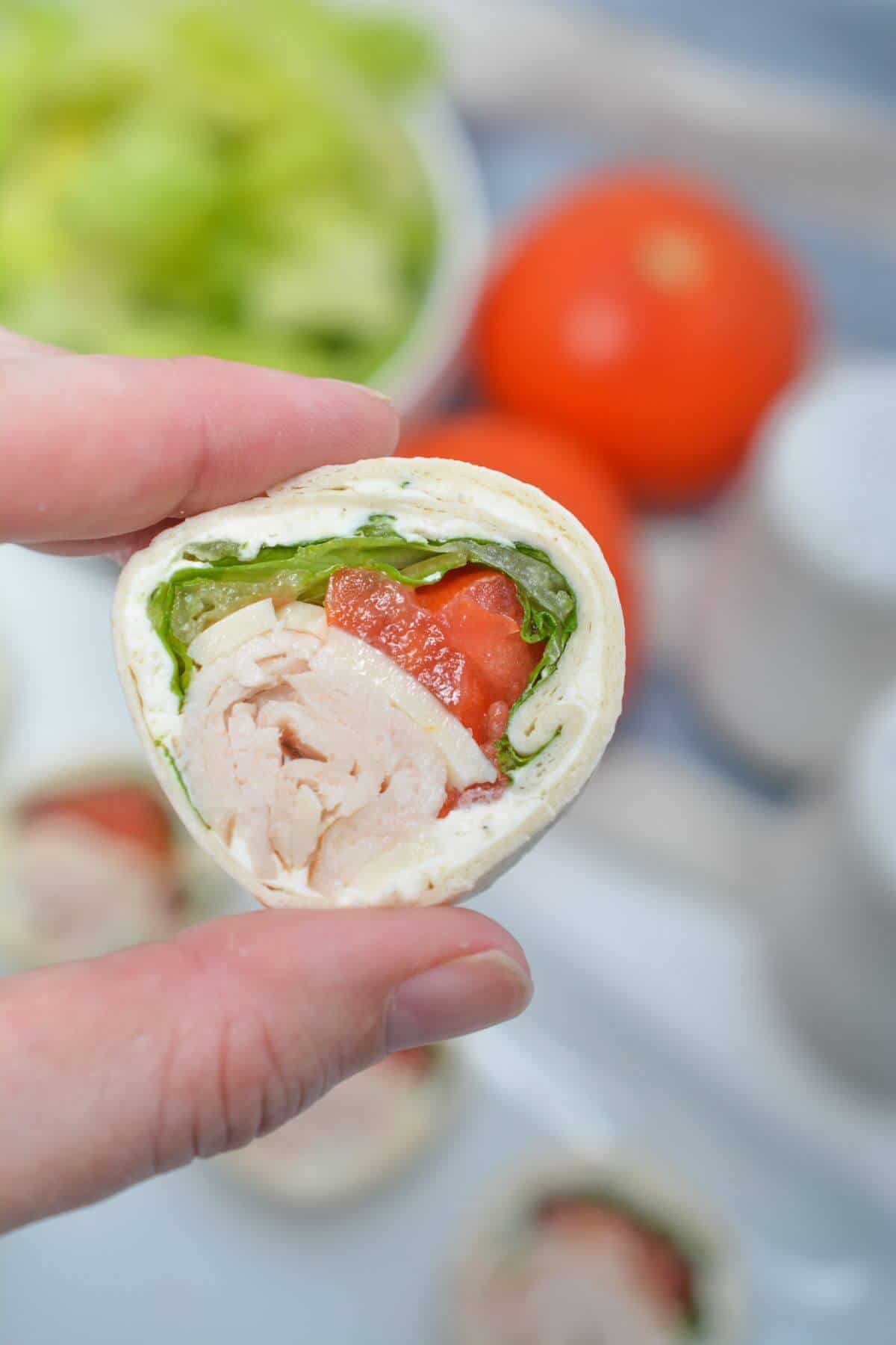 A person holding a chicken wrap with tomatoes and lettuce.
