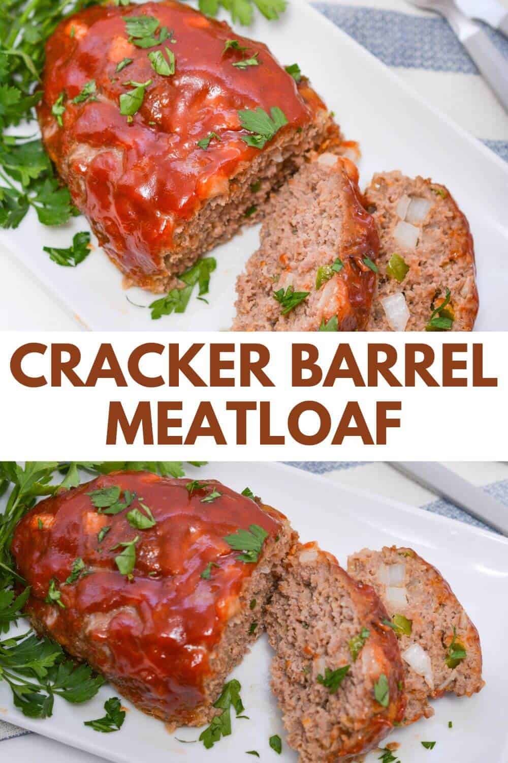 Cracker barrel meatloaf on a white platter.