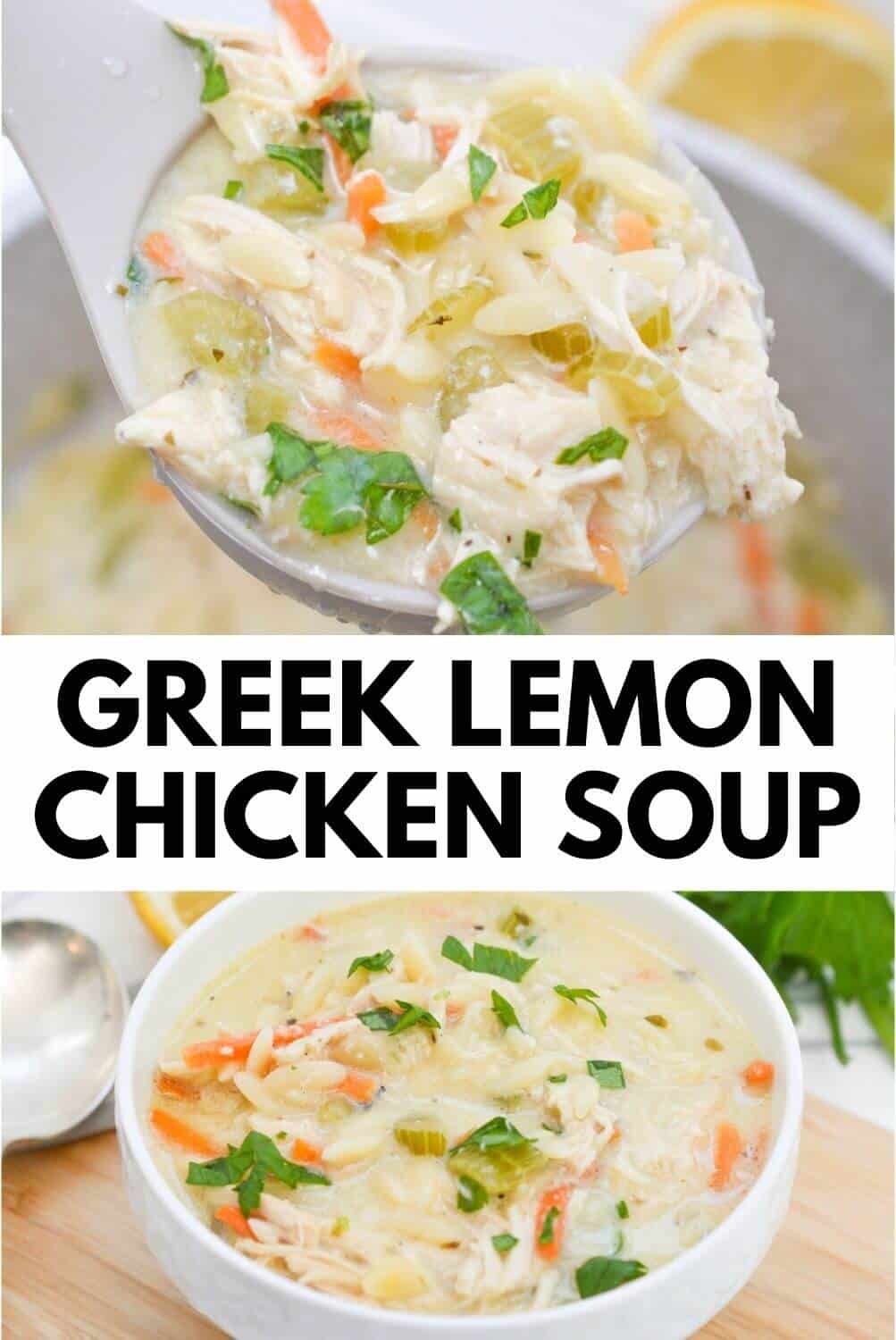 Greek lemon chicken soup with a spoon and carrots.