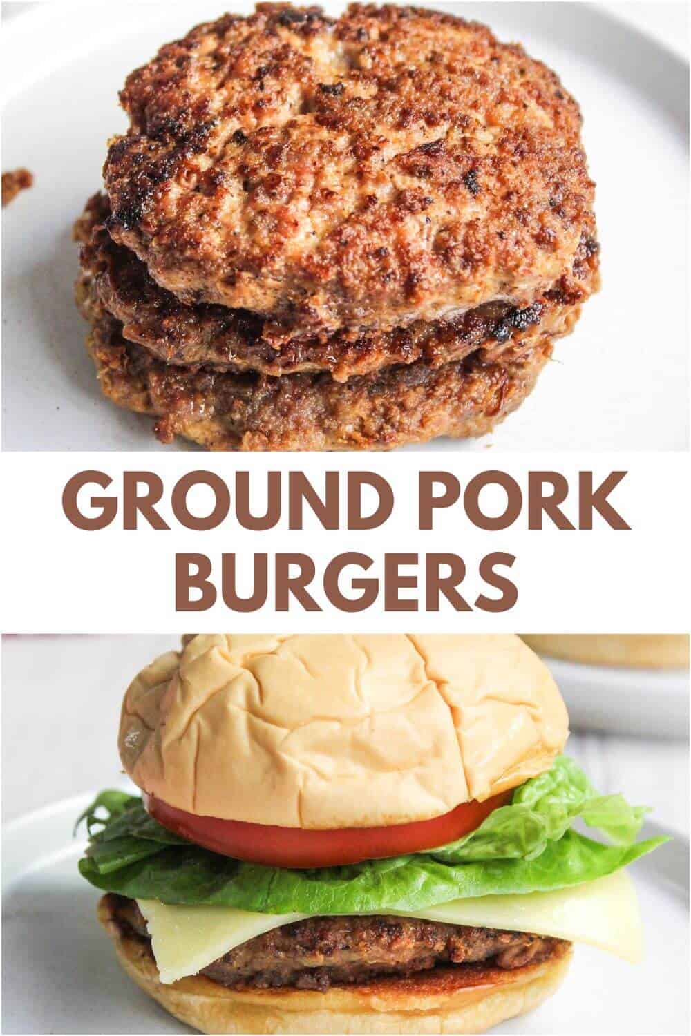 Ground pork burgers are stacked on top of each other.