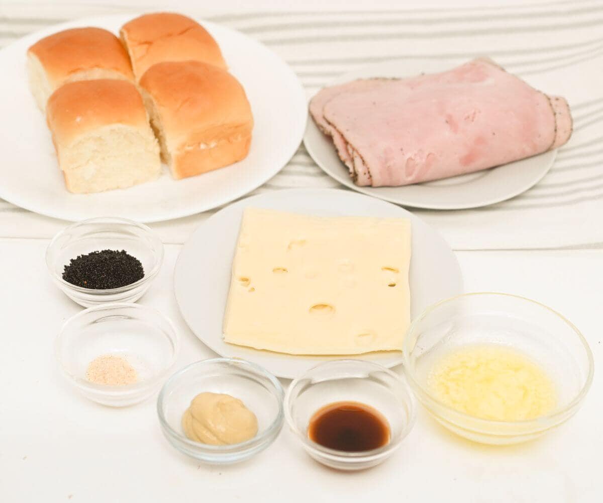 Ingredients for ham and cheese slides on Hawaiian rolls.