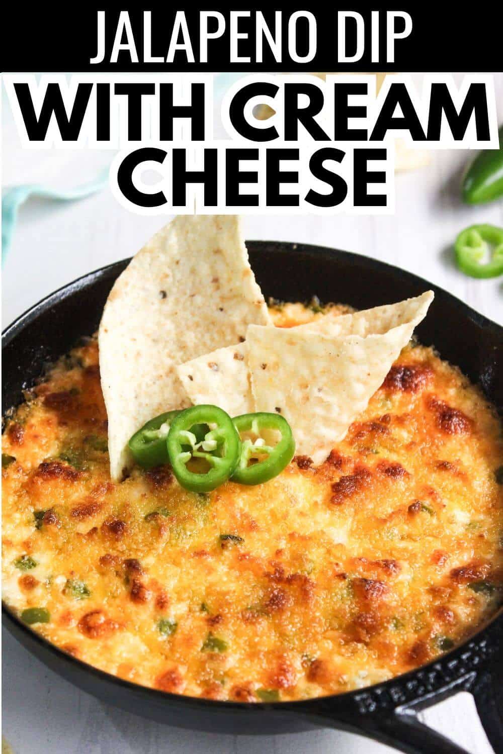 Jalapeno dip with cream cheese in a skillet.