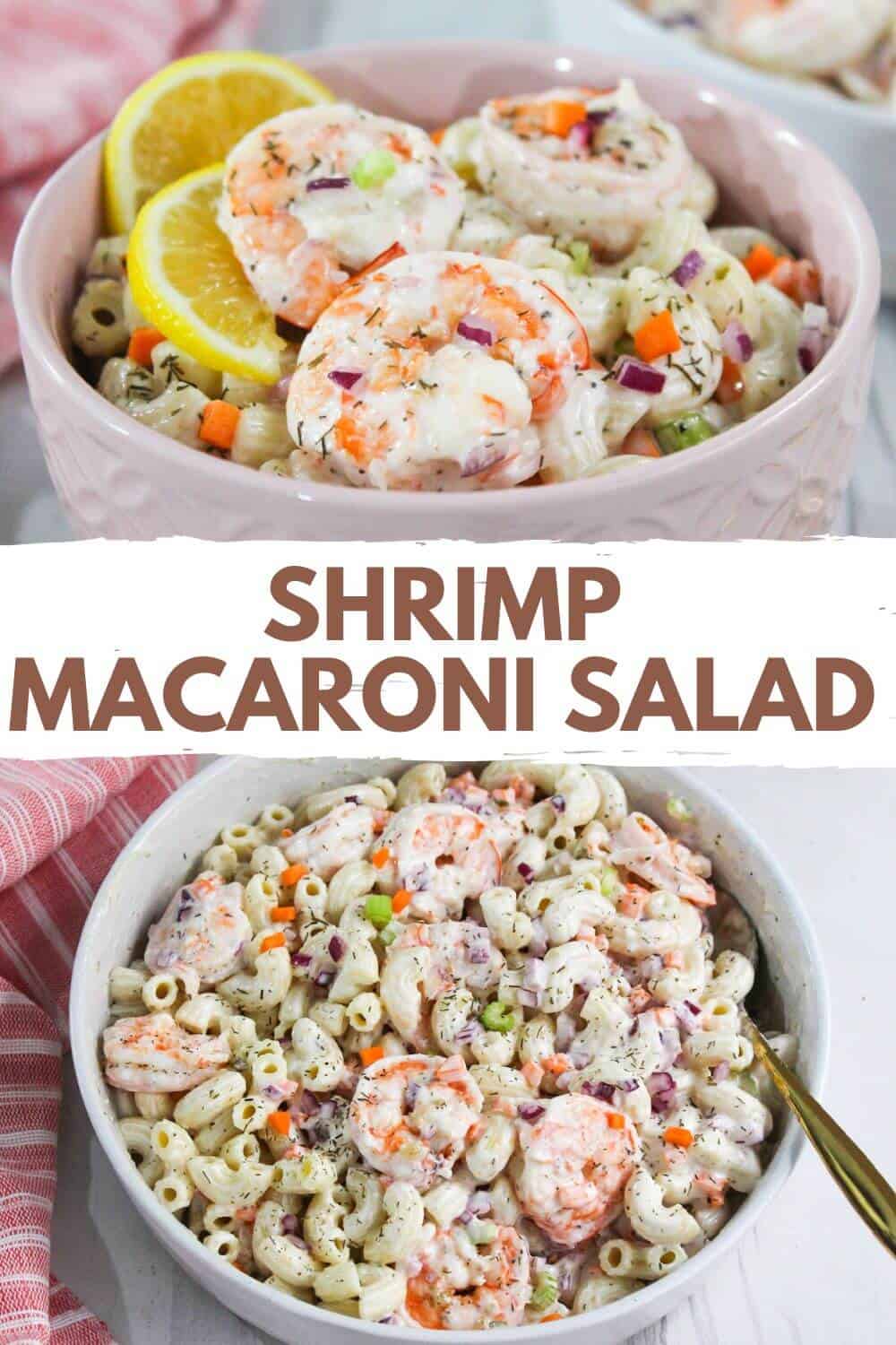 Shrimp macaroni salad in a bowl.