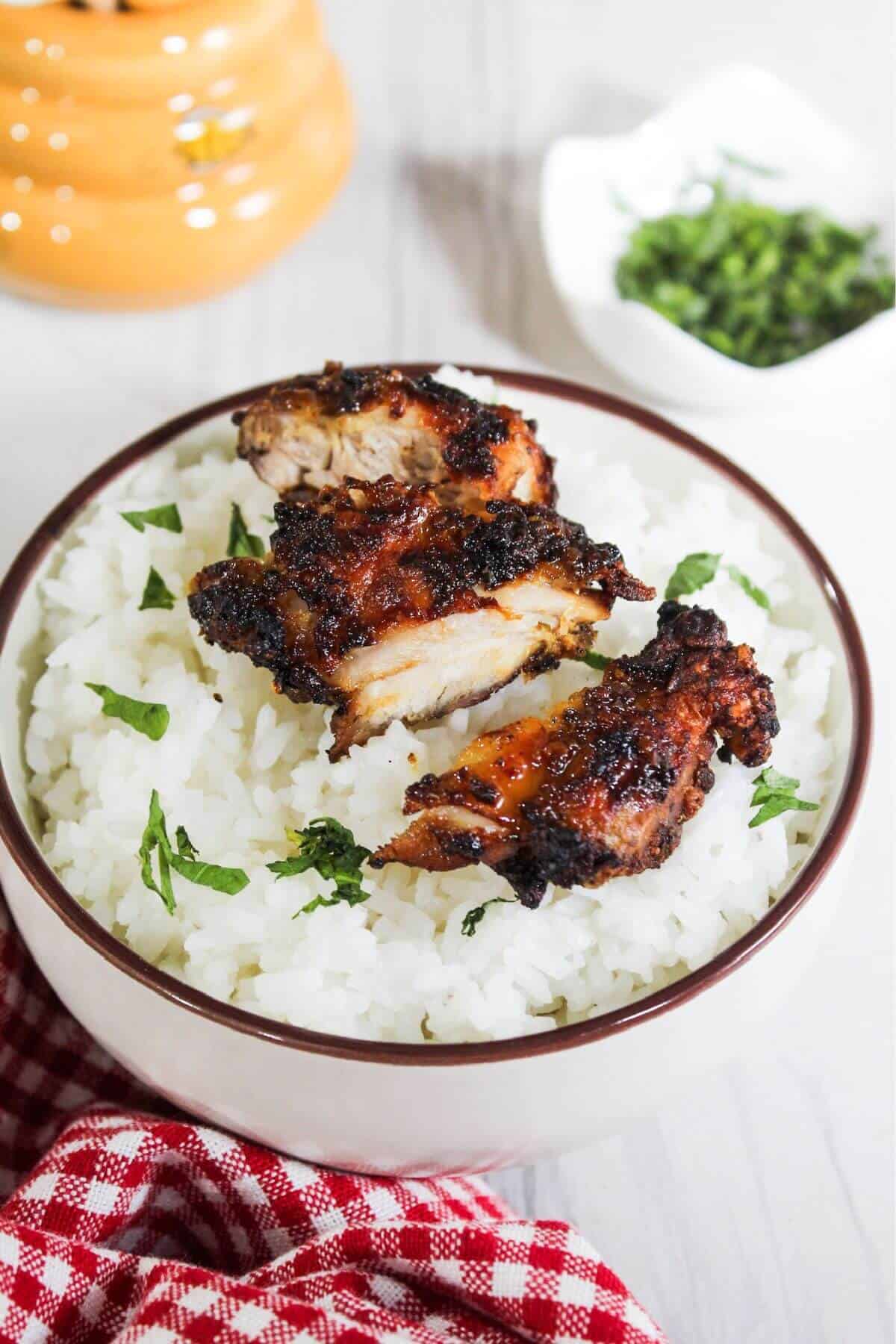 A bowl of rice with chicken on top.