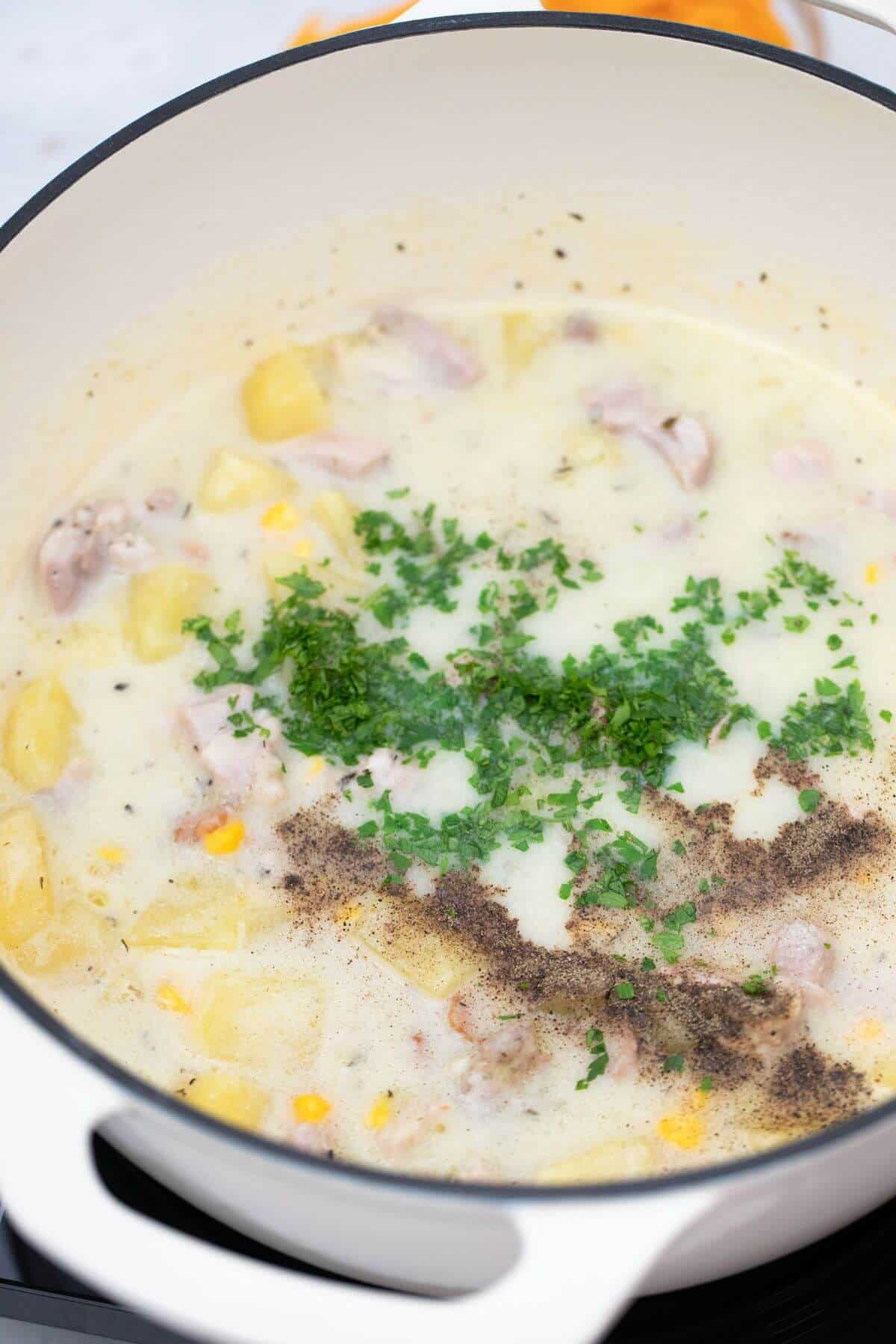 A pot of soup with potatoes and meat in it.