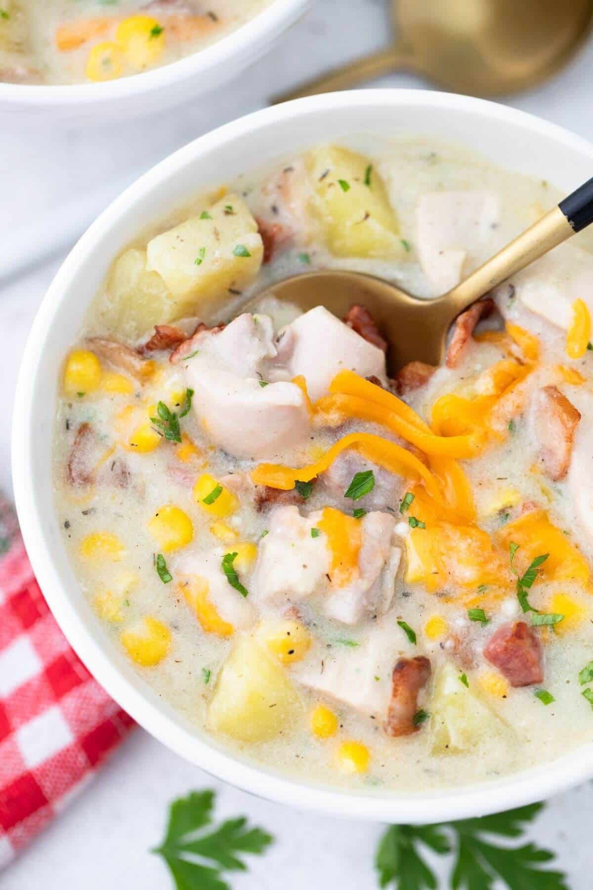 A bowl of chicken chowder with corn and potatoes.