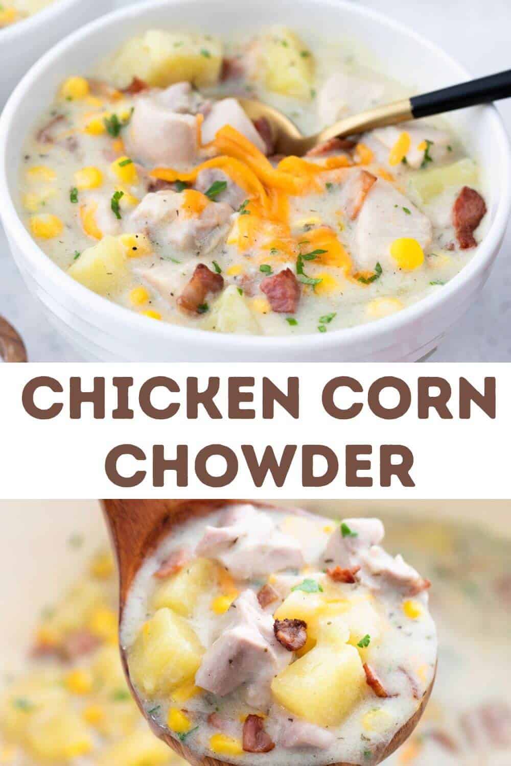 Chicken corn chowder in a bowl with a spoon.