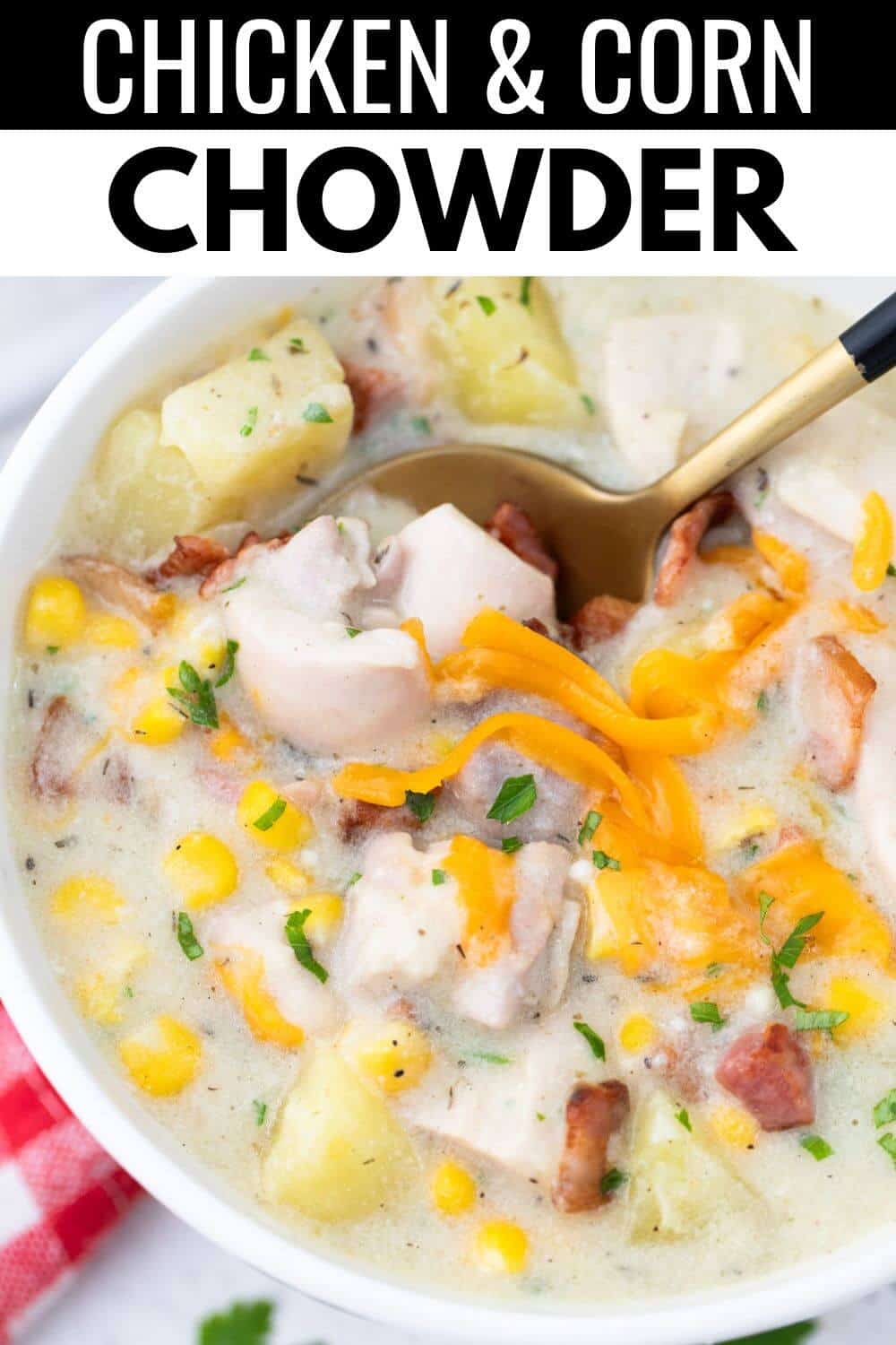 Chicken and corn chowder in a bowl.