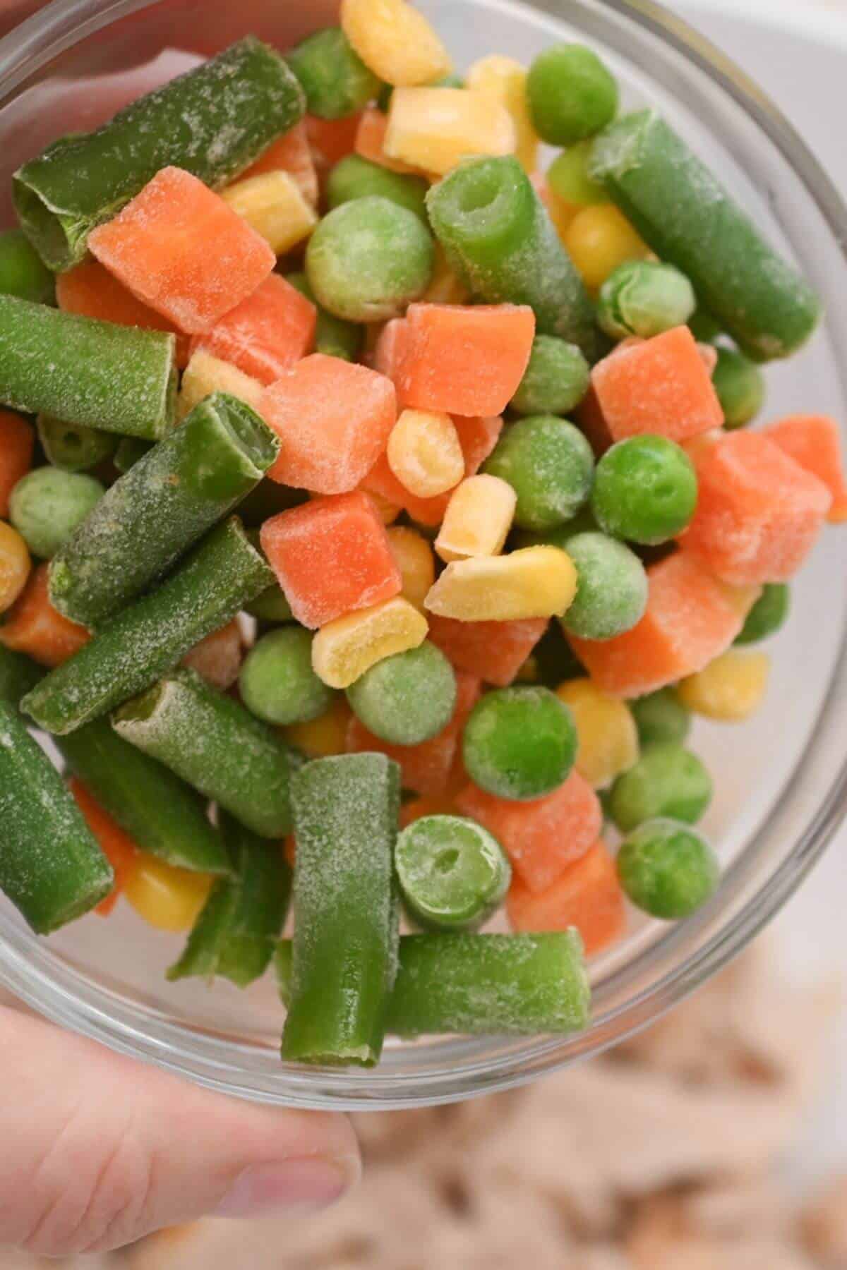 Frozen vegetable mix in a bowl.