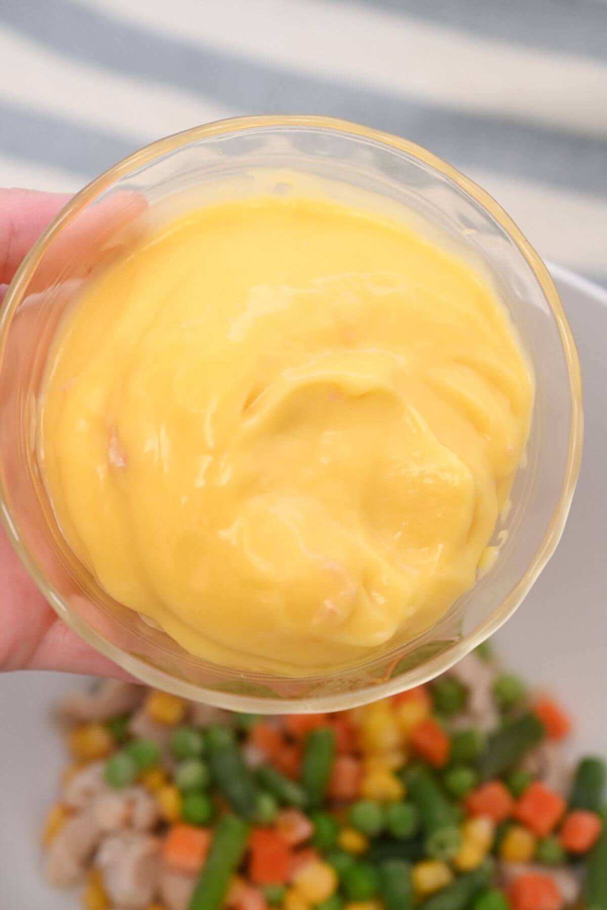 A person holding a bowl of cream of chicken soup.