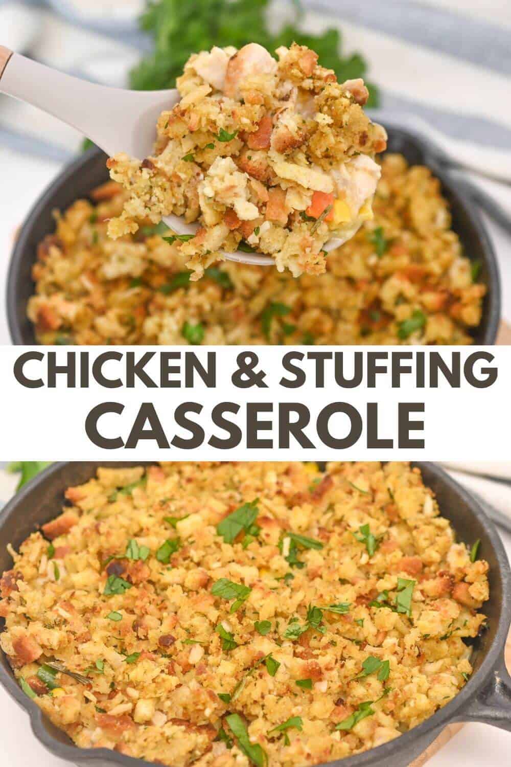 Chicken and stuffing casserole in a skillet.
