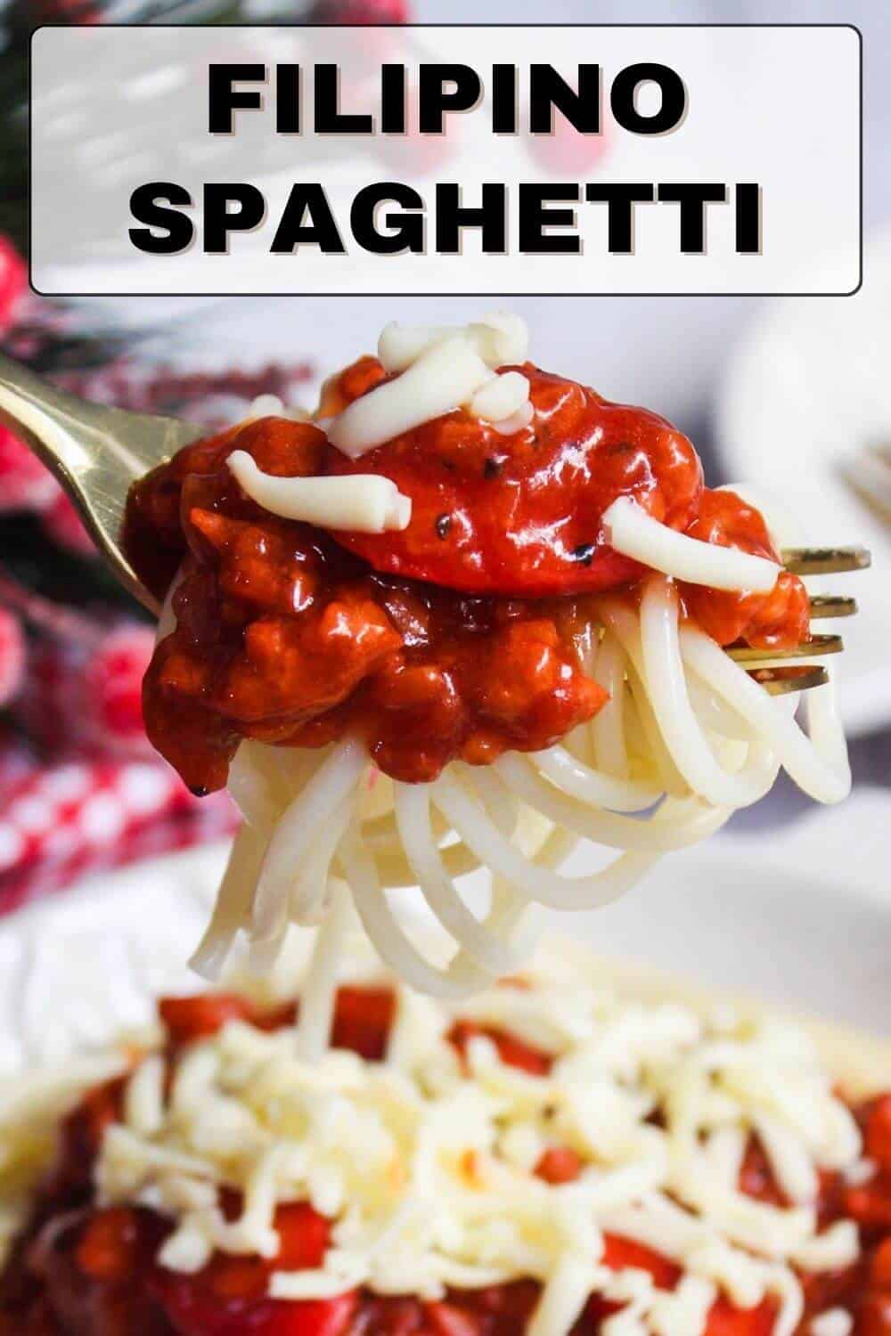 Filipino spaghetti on a fork.