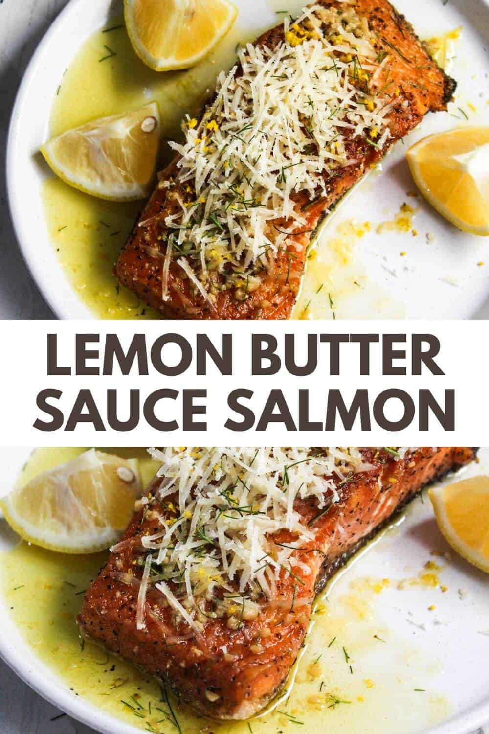 Lemon butter sauce salmon on a white plate.