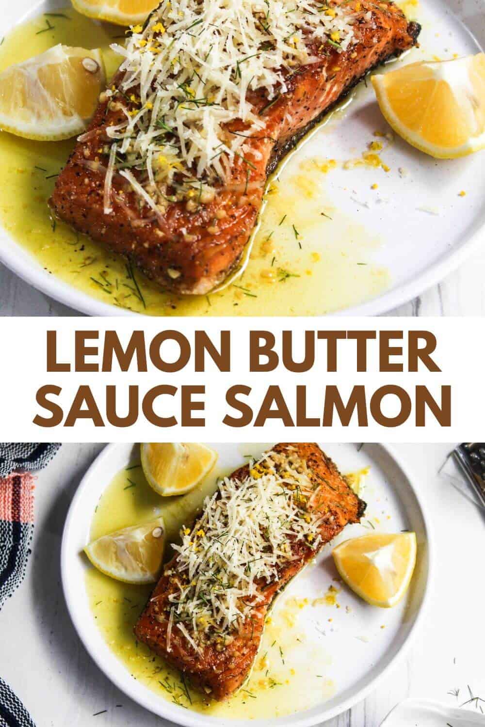 Lemon butter sauce salmon on a plate.