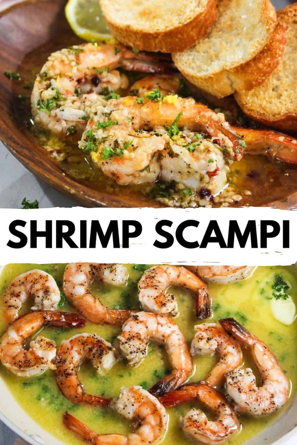 Shrimp scampi with bread and lemon.