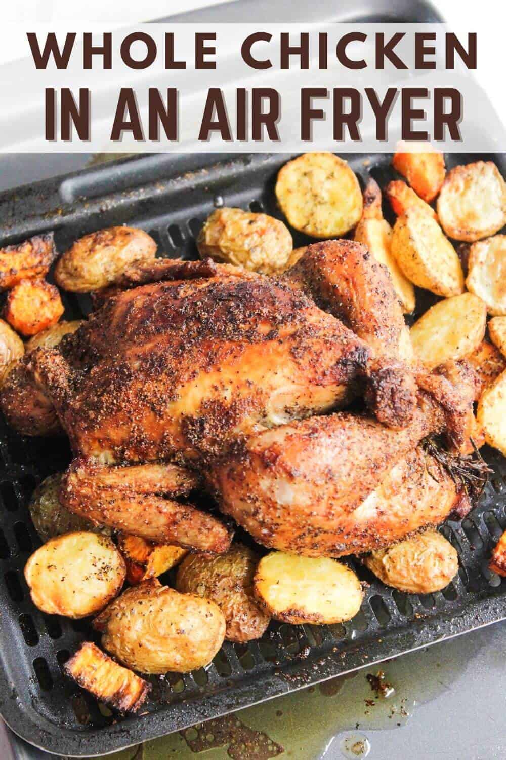 Experience the crispy perfection of a whole chicken cooked to perfection using an air fryer. Enjoy tender and juicy meat surrounded by a delightful crunch, all achieved effortlessly with the convenience of an air fry