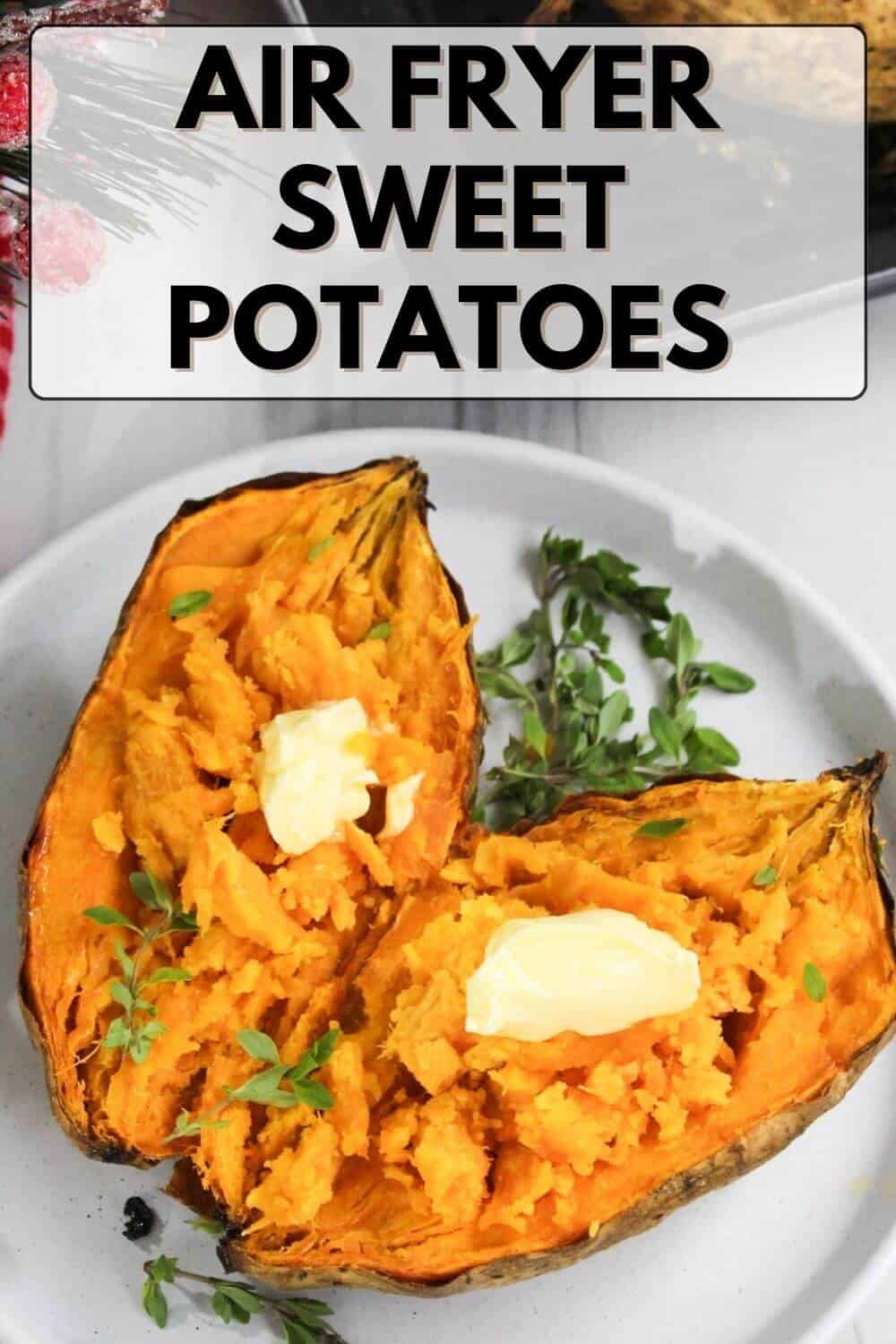 Air fryer sweet potatoes with butter on a plate.