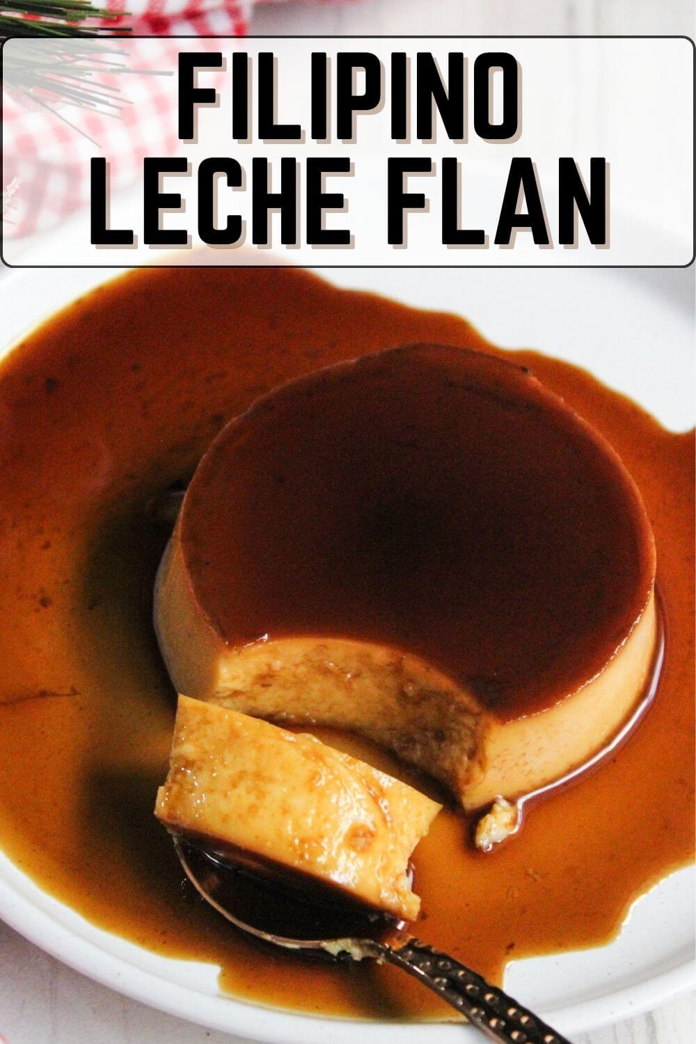     Leche flan, a popular Filipino dessert, elegantly presented on a plate with a spoon.