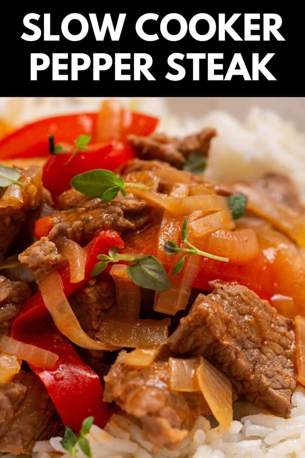 Slow cooker pepper steak with rice and herbs.