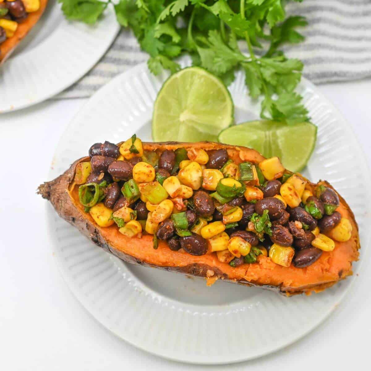 Sweet potato stuffed with vegan taco black beans and corn.