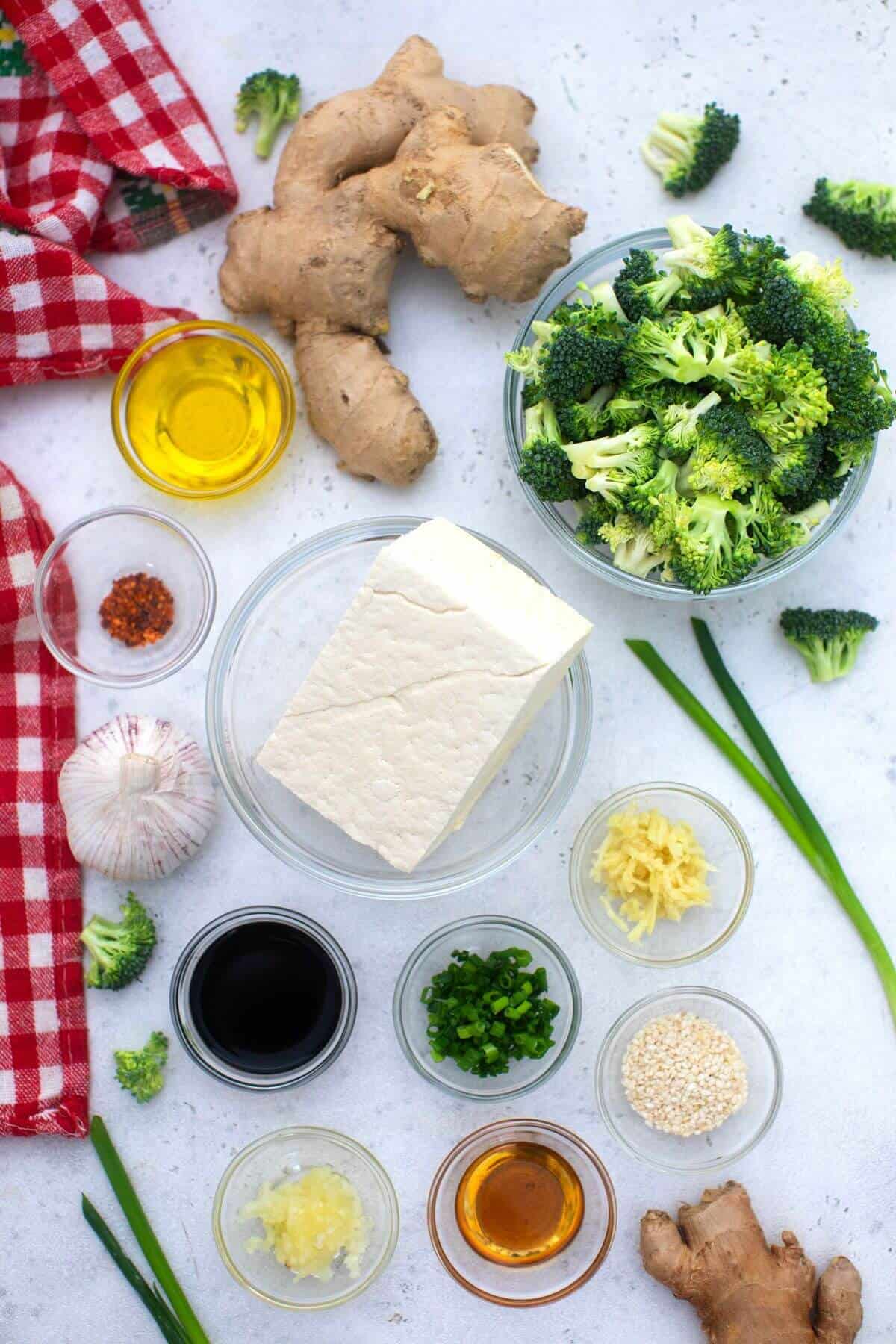 Ingredients for a broccoli and tofu dish.