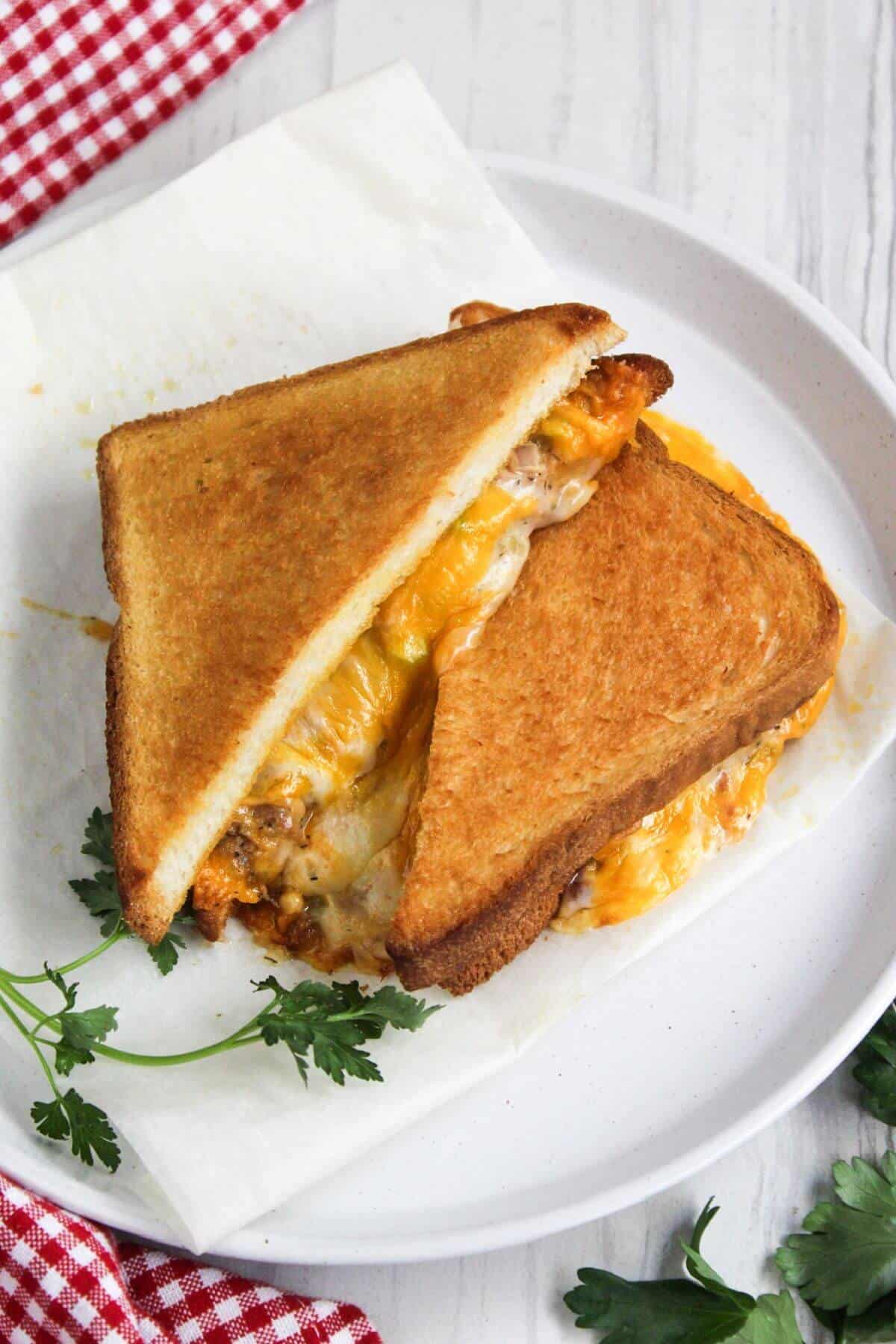 A grilled cheese tuna sandwich on a plate with parsley.
