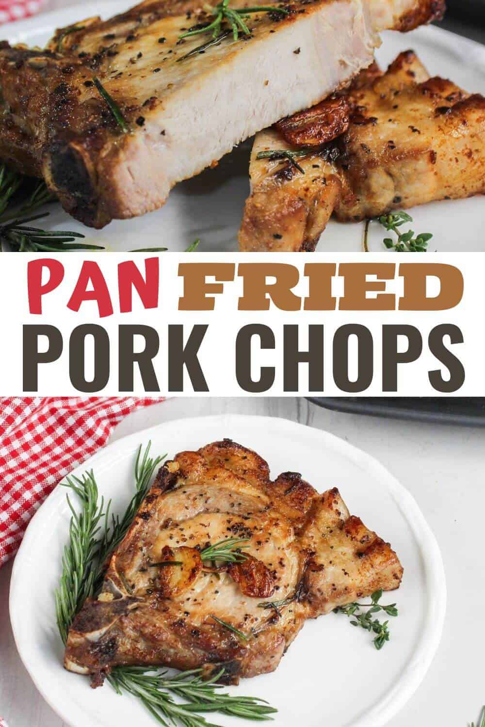 Pan fried pork chops on a plate with rosemary.