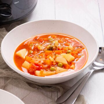 A bowl of vegetable soup in front of a slow cooker.