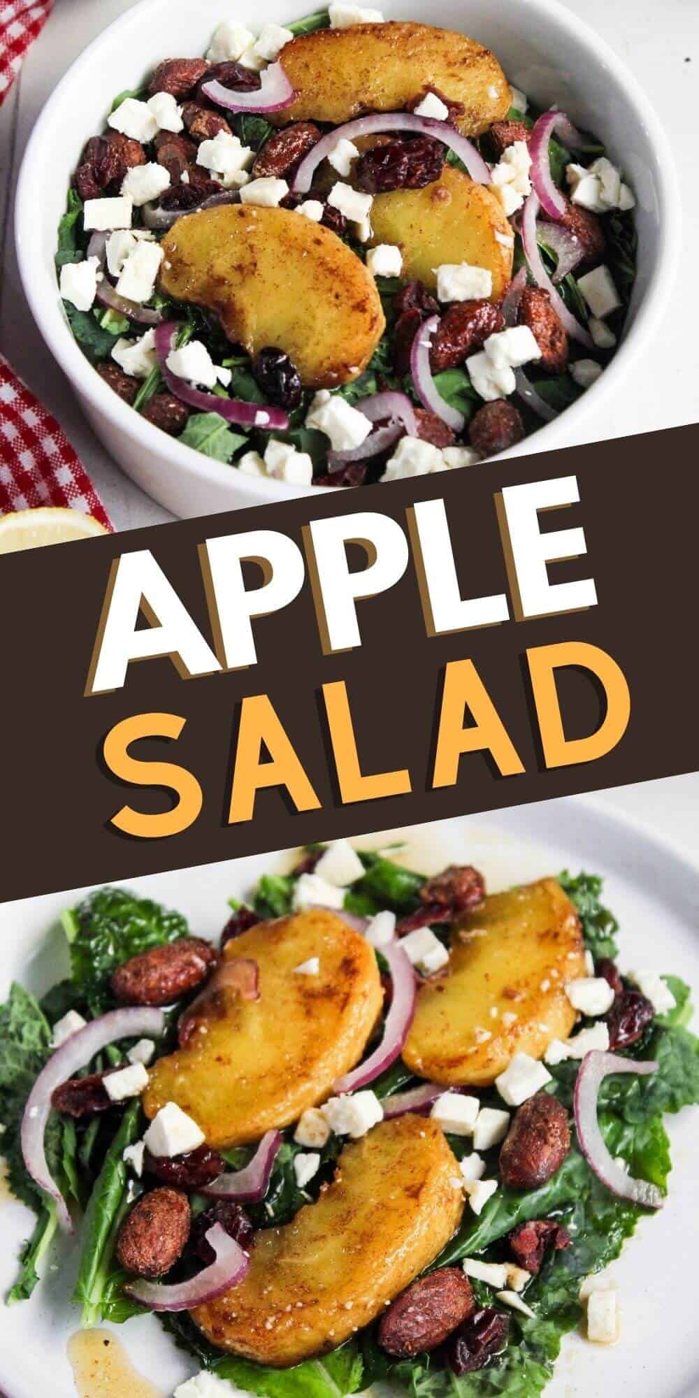 Apple salad in a white bowl with kale and onions.