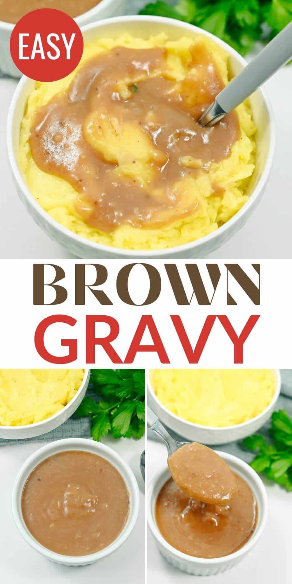 A collage of food in a bowl, featuring savory brown gravy.