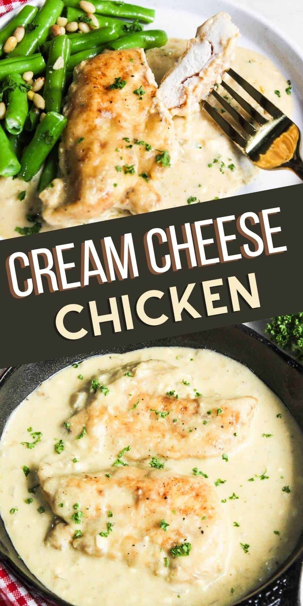 Cream cheese chicken in a skillet with green beans.