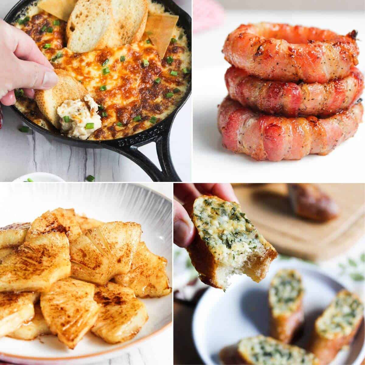 A collage of four savory dishes, including air fryer bites that will make your snacking unforgettable.