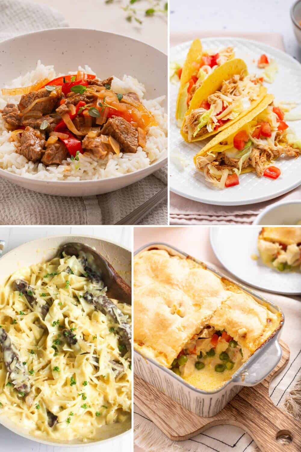 A collage of pictures showing different types of main dishes we always keep bookmarked for repeat dinners.
